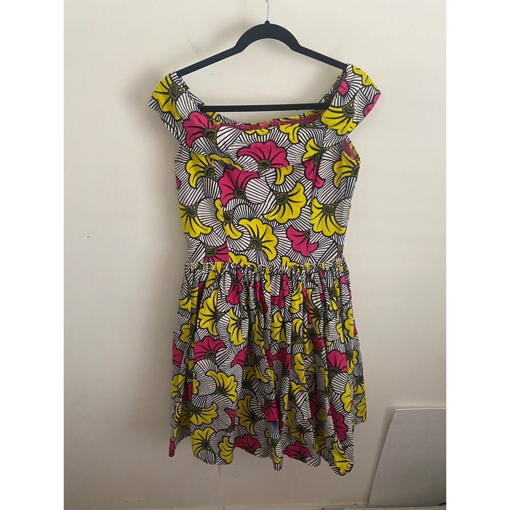 Women's Ankara Floral Print Off Shoulder Fit Flare‎ Dress Yellow Pink